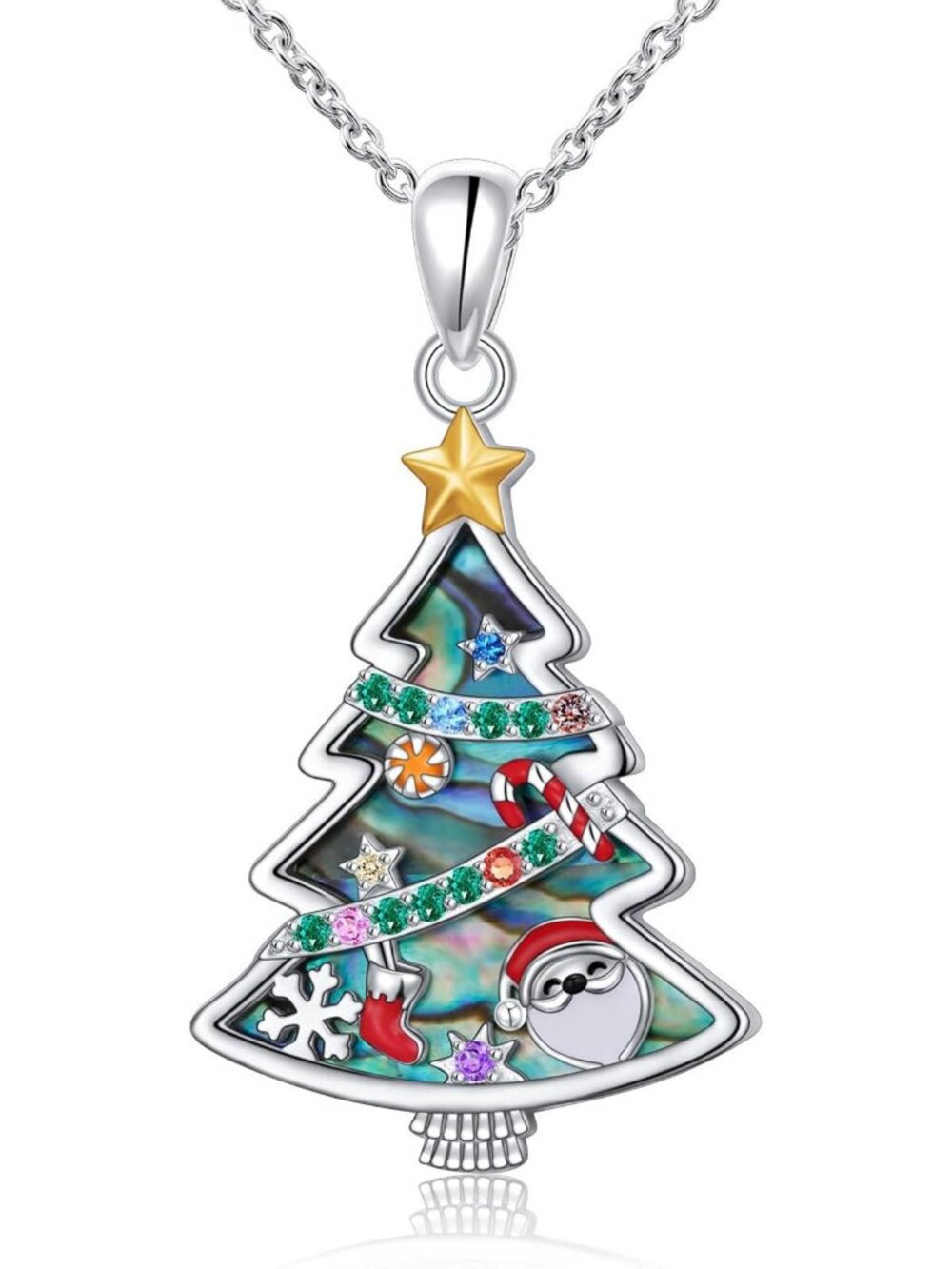 Sterling Silver Christmas Tree Pendant Necklace with Abalone & Santa Claus Charm